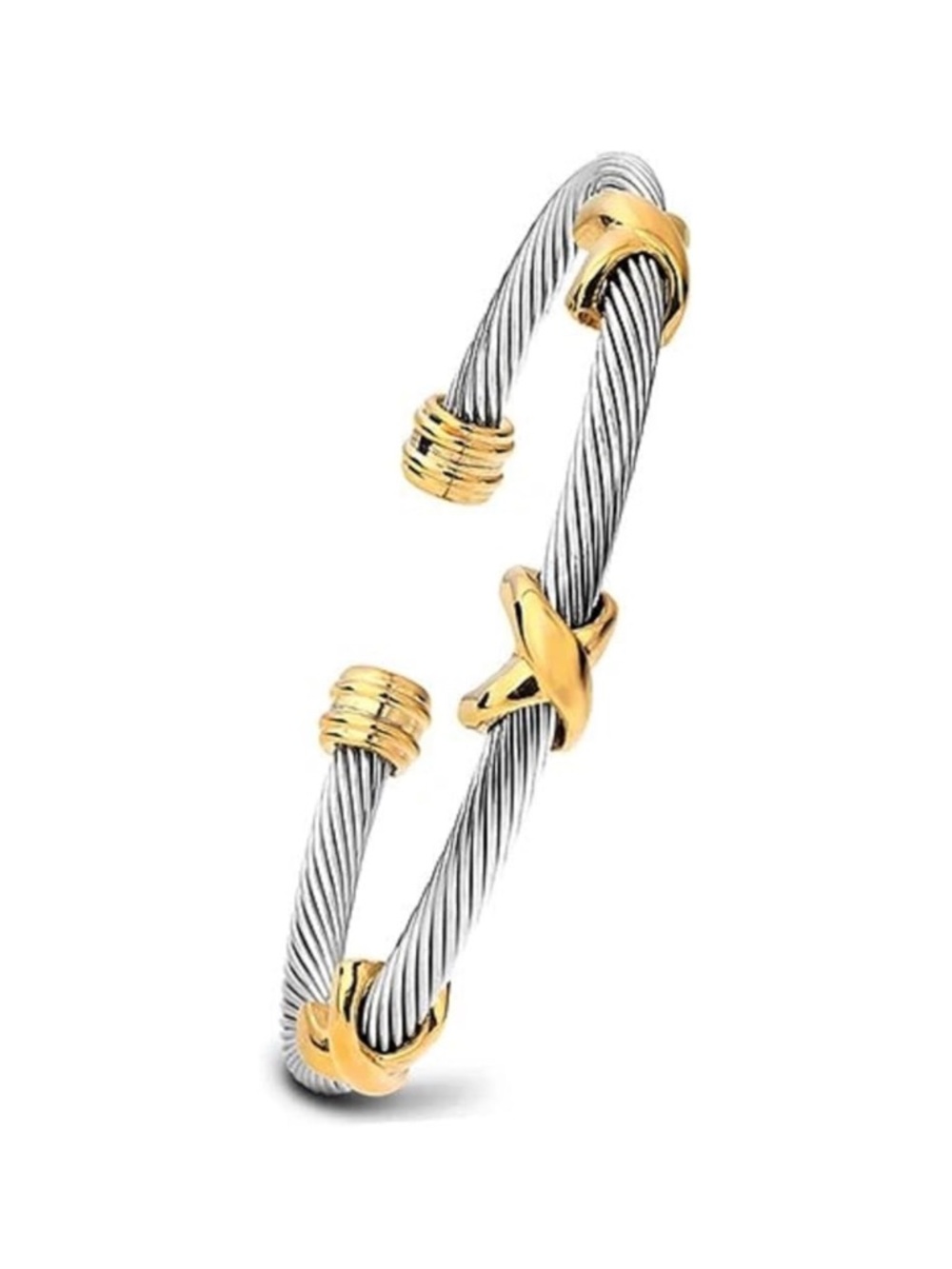 Two-Tone Cable Cuff Bracelet with Gold Accents - Women's Jewelry